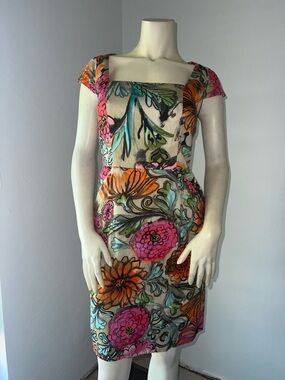 Milly Square Neck Cotton Multi Color Floral Retro Mad Men Cosplay. Size 8.
